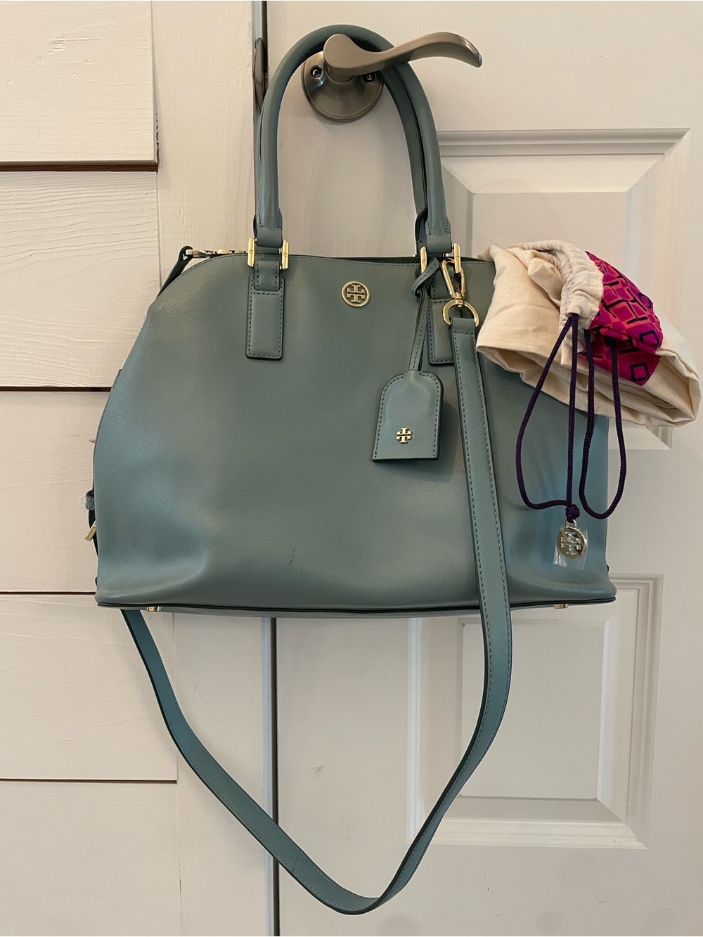 Tory Burch Robinson Convertible Satchel in Dusty Blue